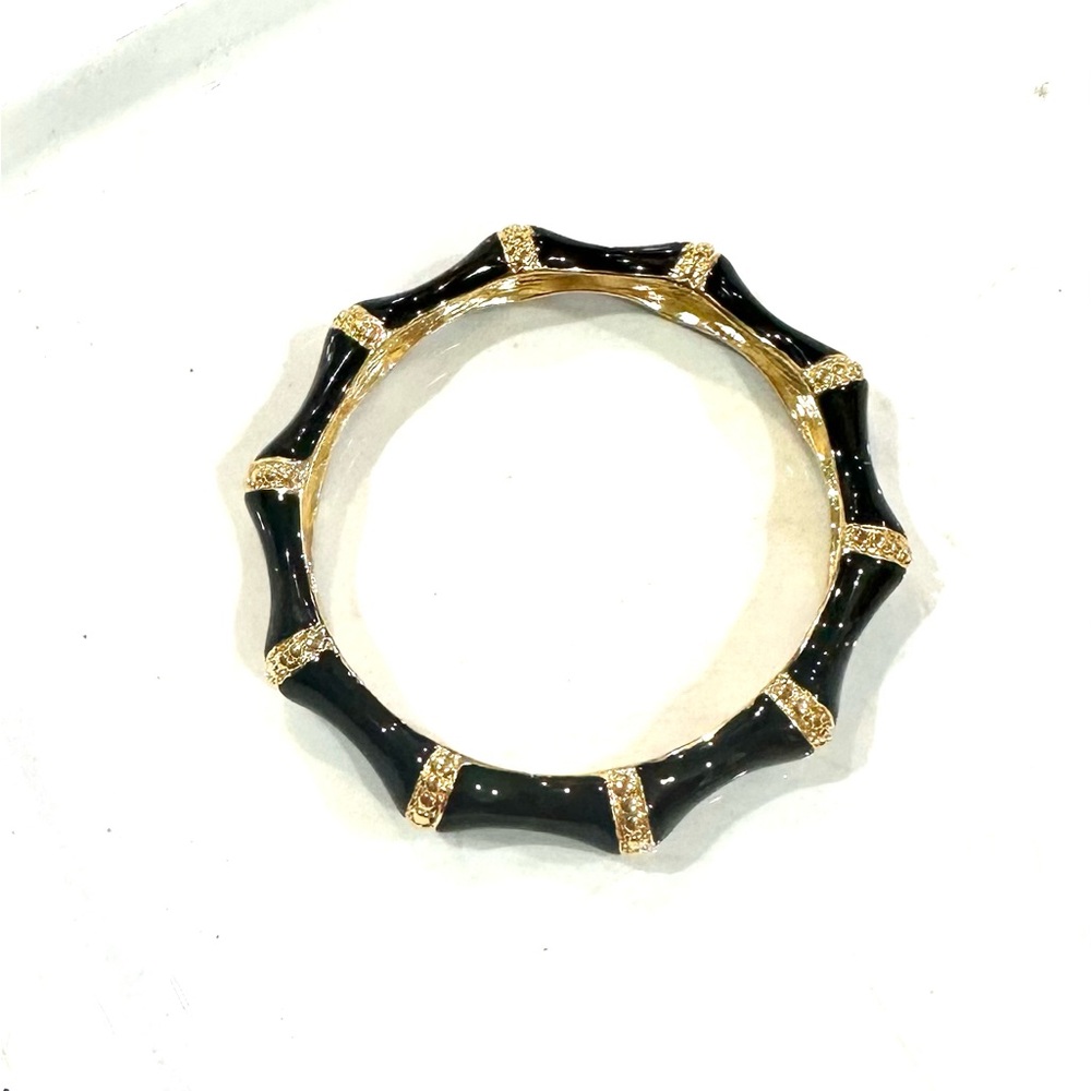 Kenneth Jay Lane Gold Plated Black Enamel Bamboo Bangle Bracelet Vintage - Picture 2 of 9